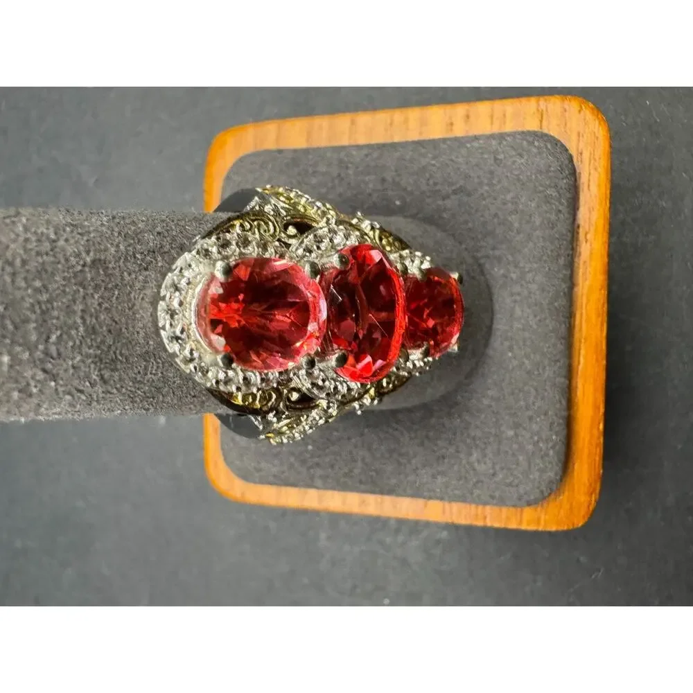 STS Chuck Clemency Sterling Silver 925 Two Tone Ruby 3 Stones Cocktail Ring Sz 9